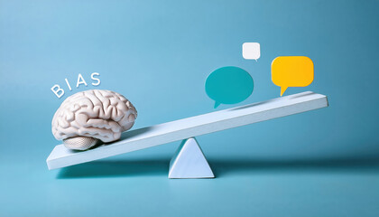 3D Illustration of a Seesaw with a Brain and Floating 'BIAS' Text, Lifting Colorful Speech Bubbles, Symbolizing Cognitive Bias