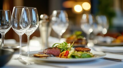 Luxury hotel in-room dining service setup with a stylish meal presentation and elegant tableware.