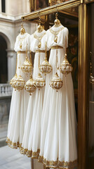 Elegant white ceremonial robes with gold accents hang in a historic building's interior, showcasing religious or cultural attire
