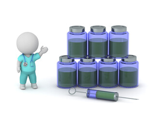3D Doctor Character with Stack of Vaccine Bottles