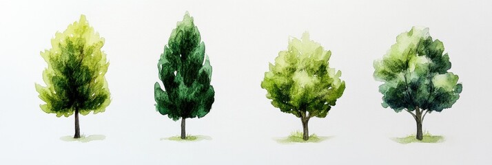 Watercolor Painting of Four Different Trees