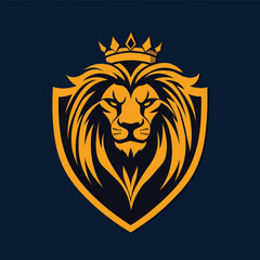 Fototapeta premium Vector logo of a lion's head with a crown on a shield, in gold color on a dark blue background