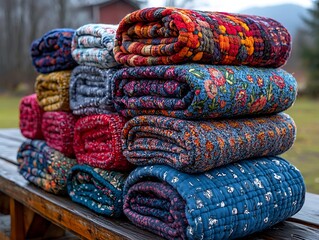 Fototapeta premium A Stack of Colorful Rolled Quilts on a Wooden Surface