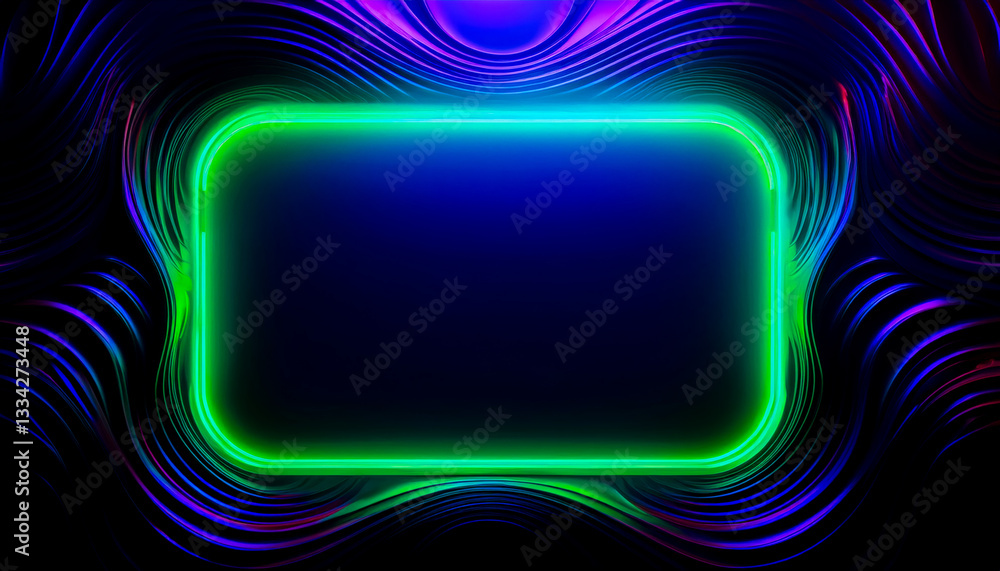 Fototapete Vibrant neon frame surrounded by swirling abstract patterns in a dark background environment
