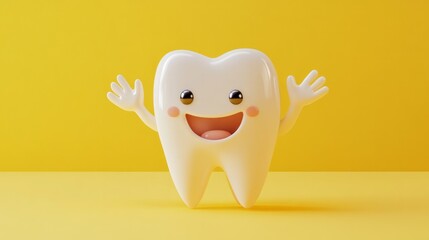 Fototapeta premium an illustration of a healthy white tooth, having hands, eyes and mouth, smilling at the camera on yellow background