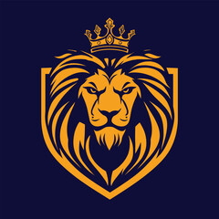 Vector logo of a lion's head with a crown on a shield, in gold color on a dark blue background