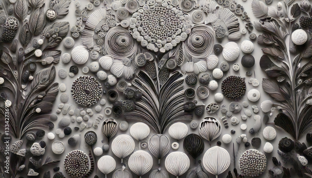 Leinwandbilder Intricate design created with quilled paper showcasing various floral patterns and shapes in monochrome tones