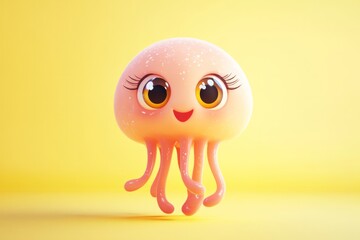 Fototapeta premium A cute cartoon jellyfish baby, full-body shot with legs and feet, smiling expression, bright big eyes,