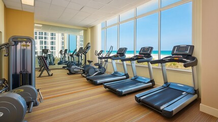 Fototapeta premium Modern hotel gym with high-end fitness equipment, large windows, and a clean, minimalistic design.
