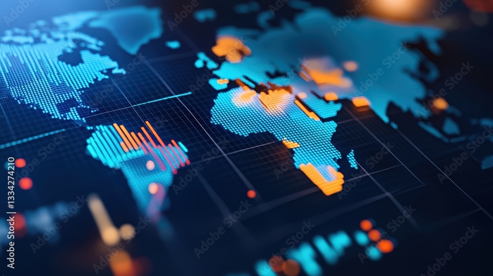 Poster a vibrant digital map of the world with data visualizations, highlighting regions with colorful metr