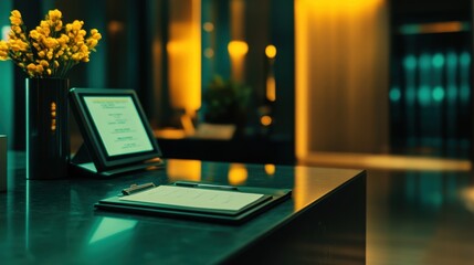 Modern hotel reception desk with a sleek computer, notepad, and a glowing reservation sign in a luxurious lobby.