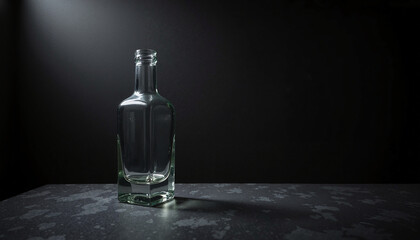 Clear Glass Bottle Mockup with Hexagonal Shape on Dark Background, Copy Space