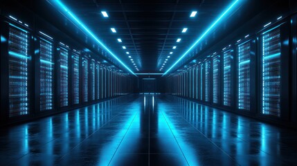 Fototapeta premium Futuristic server room with neon blue lighting.