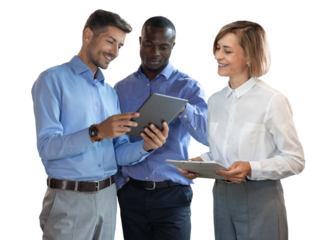 Three diverse business partners standing and discussing project working together on a transparent background