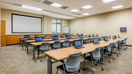Professional hotel training room with sleek desks, large screens, and a minimalist design.