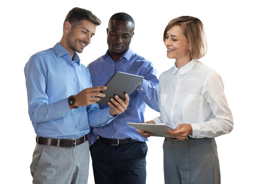 Three diverse business partners standing and discussing project working together on a transparent background
