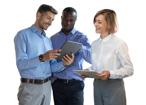 Three diverse business partners standing and discussing project working together on a transparent background