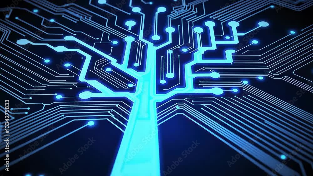 Poster glowing blue circuit board design forms tree shape, symbolizing connection between technology and na
