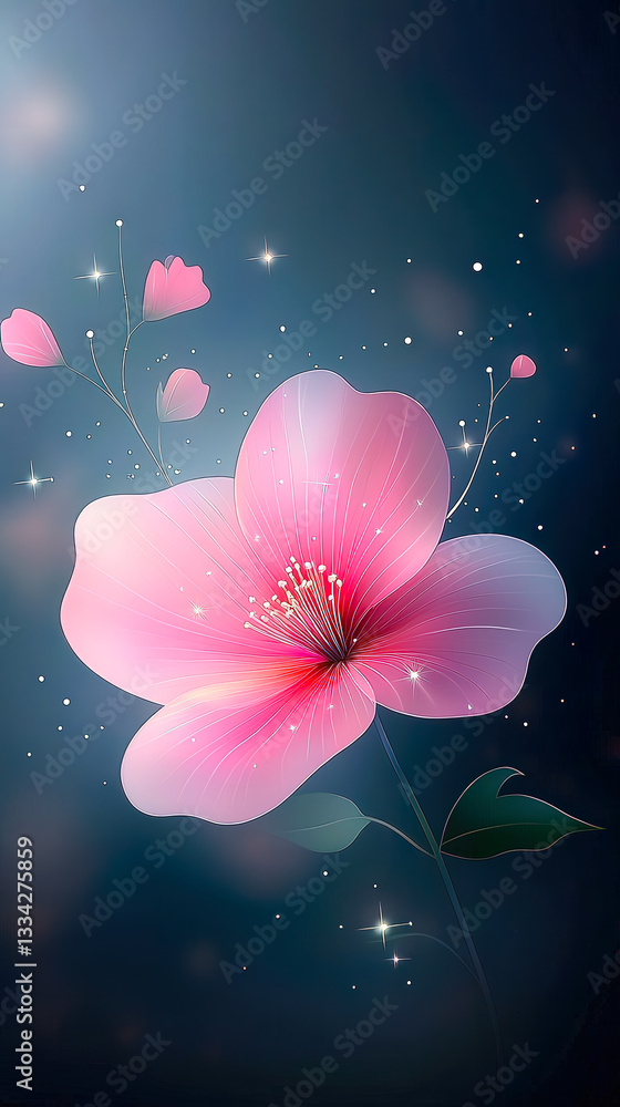 Poster a beautiful pink flower stands out with gentle illumination against a dark blue backdrop, surrounded