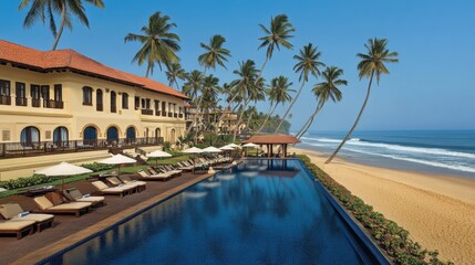 Fototapeta premium Serene beachfront hotel pool with tall coconut trees, soft sand, and luxurious sunbeds.