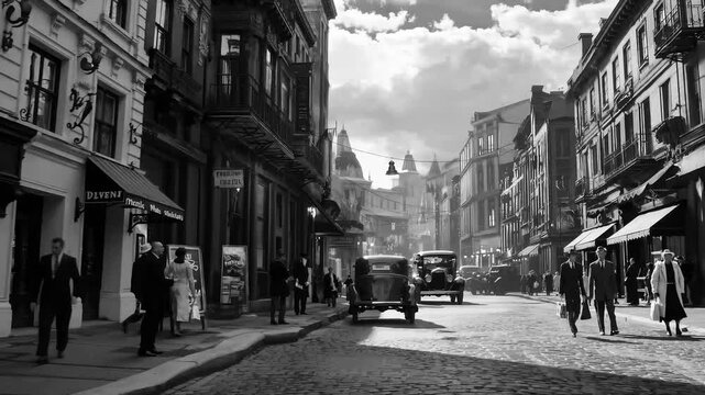 City street scene 1930s urban life