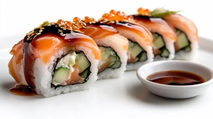 Delicious Salmon Sushi Rolls with Caviar and Teriyaki Glaze Presentation