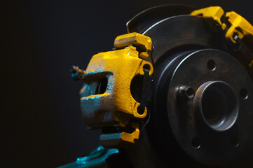 rear drift car with disc brakes with two yellow calipers for hydraulic handbrake