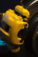 rear drift car with disc brakes with two yellow calipers for hydraulic handbrake