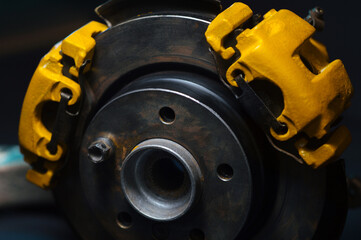 rear drift car with disc brakes with two yellow calipers for hydraulic handbrake