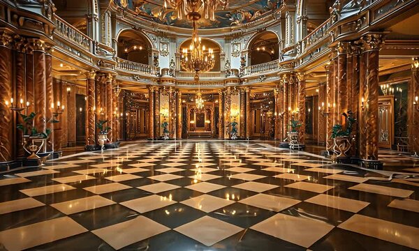 Grand palace ballroom, ornate interior, checkered floor, chandeliers, background opulent