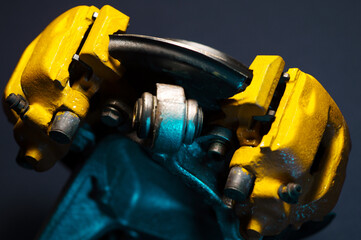 rear drift car with disc brakes with two yellow calipers for hydraulic handbrake