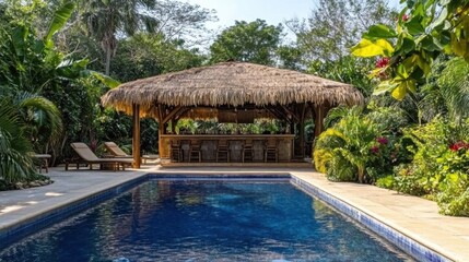 Tropical resort pool with a swim-up bar, serving fresh fruit drinks under a thatched roof.