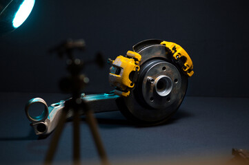 rear drift car with disc brakes with two yellow calipers for hydraulic handbrake