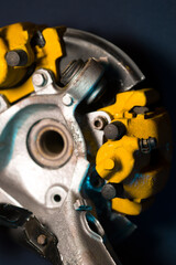 rear drift car with disc brakes with two yellow calipers for hydraulic handbrake