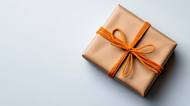 Simple Brown Gift Wrapped in Orange Twine on Gray Background
