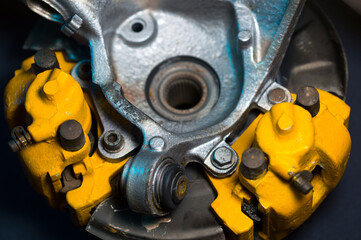 rear drift car with disc brakes with two yellow calipers for hydraulic handbrake