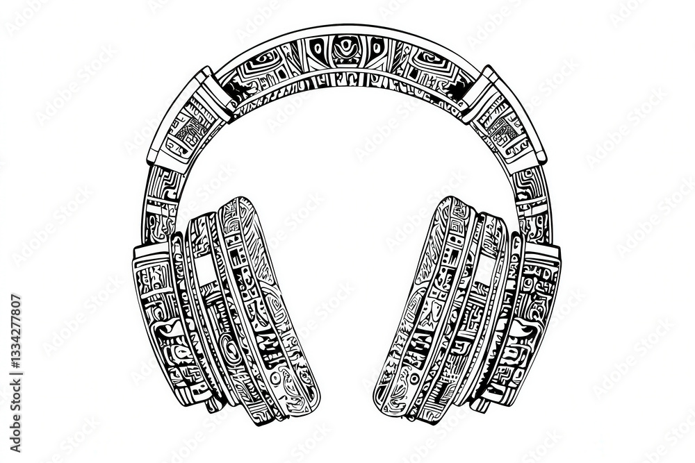 Poster An intricate design features headphones adorned with detailed patterns. The artwork highlights the creative use of lines and shapes, emphasizing their uniqueness