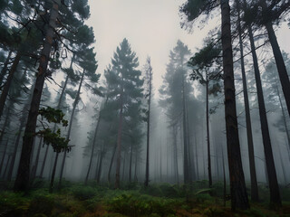 Obraz premium Mystical Forest: A mesmerizing view of a dense forest shrouded in a soft, ethereal fog, creating a sense of mystery and solitude