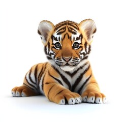 Fototapeta premium A captivating image of an adorable baby tiger cub. 3D rendered, it showcases stunning detail and a heartwarming expression. Adorable Baby Tiger Cub Close up