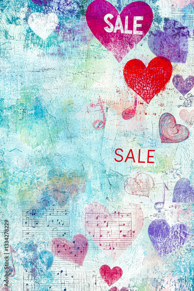 Poster an abstract design featuring colorful hearts and musical notes, ideal for advertising a sale or spec