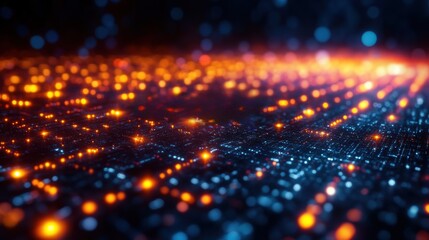 A bright orange and blue cityscape with many glowing lights