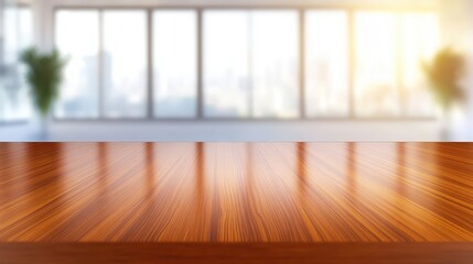 Fototapeta premium A bright room with large windows features a polished wooden table, creating a warm and inviting atmosphere.