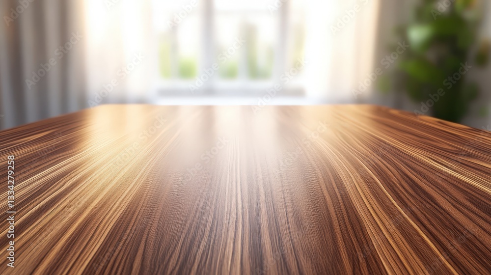 Poster a close-up view of a polished wooden table with a soft-focus background of light curtains and greene