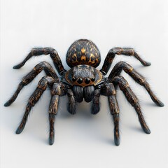 Close-up view of a large hairy tarantula with gold accents against a white background. Adorable Baby Trapdoor Spider