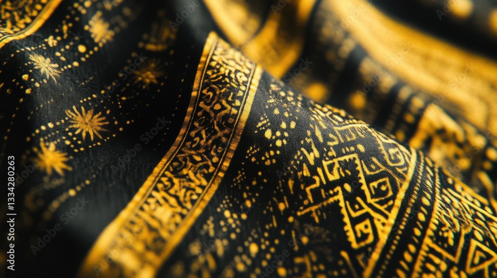 Poster elegant black fabric with intricate golden patterns and textures