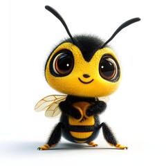 A charming 3D-rendered image of a fluffy bumblebee. Its big eyes and soft fur add to its cuteness. Adorable Baby Fuzzy Wasp