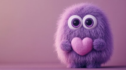 Fototapeta premium A cute purple monster made of wool with big eyes, a pink heart-shaped belly, a simple background