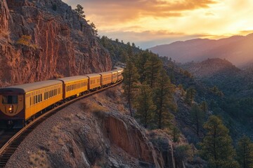A vintage passenger train travels along a scenic mountain railway during a breathtaking sunset.