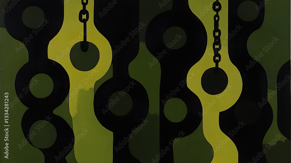Poster abstract composition featuring chains and circular elements in earthy tones