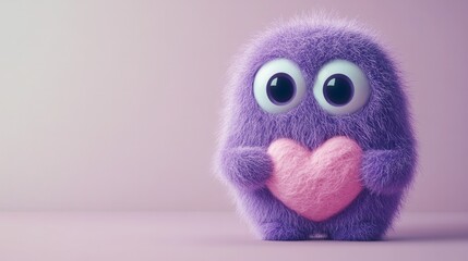 Fototapeta premium A cute purple monster made of wool with big eyes, a pink heart-shaped belly, a simple background